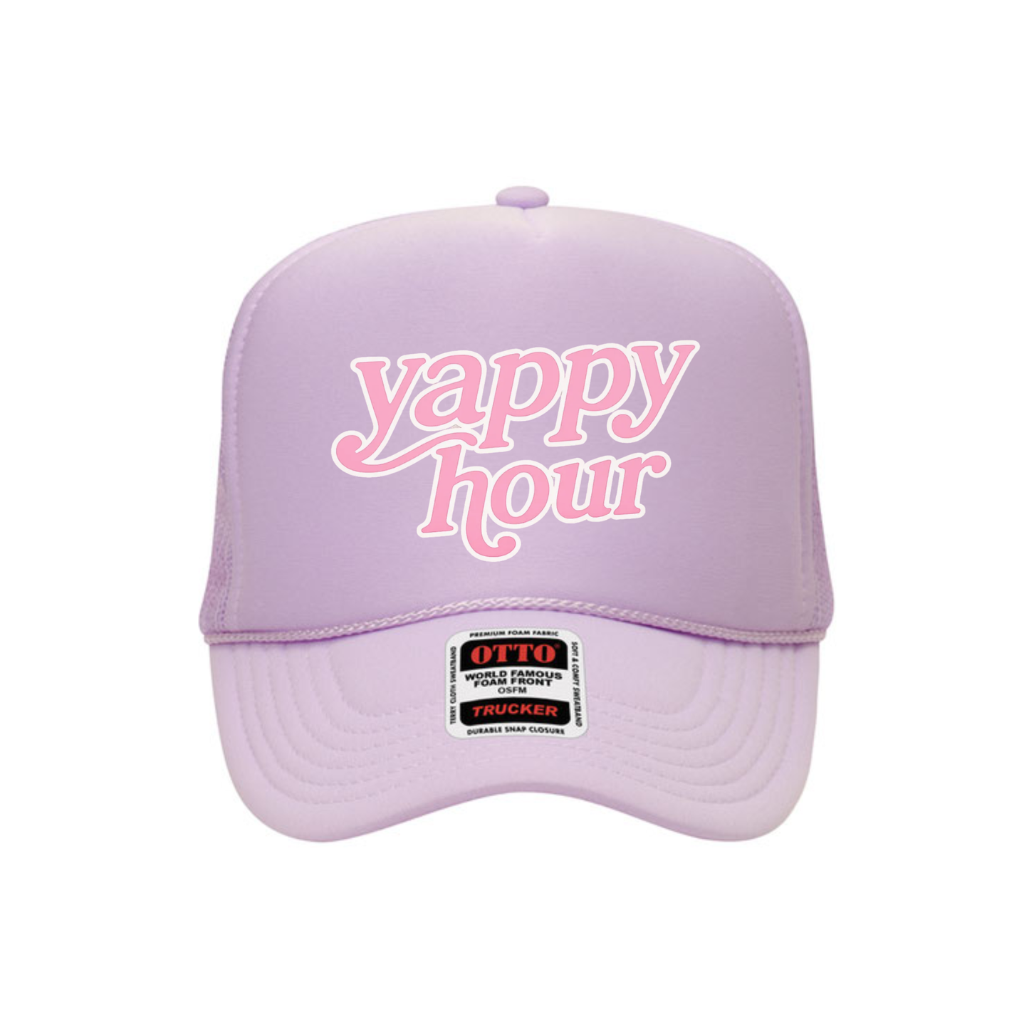 Lavender foam trucker hat with yappy hour text