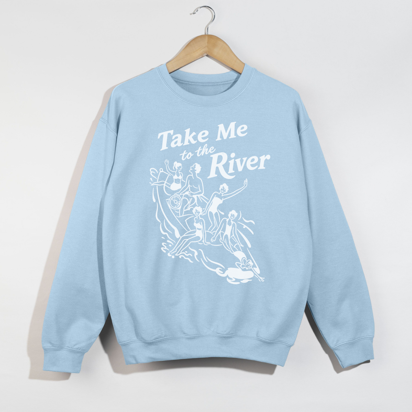 Light blue crewneck sweatshirt with white river graphic hanging on hanger