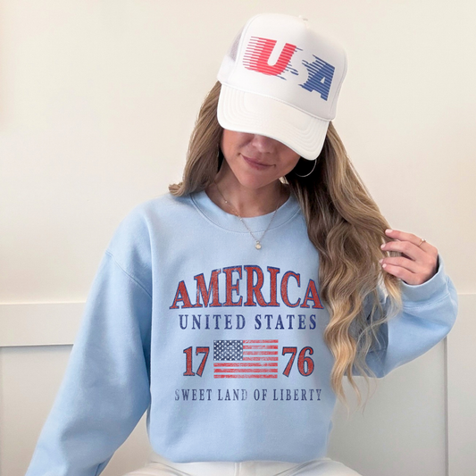 “Ash grey patriotic America United States sweatshirt casual outfit”