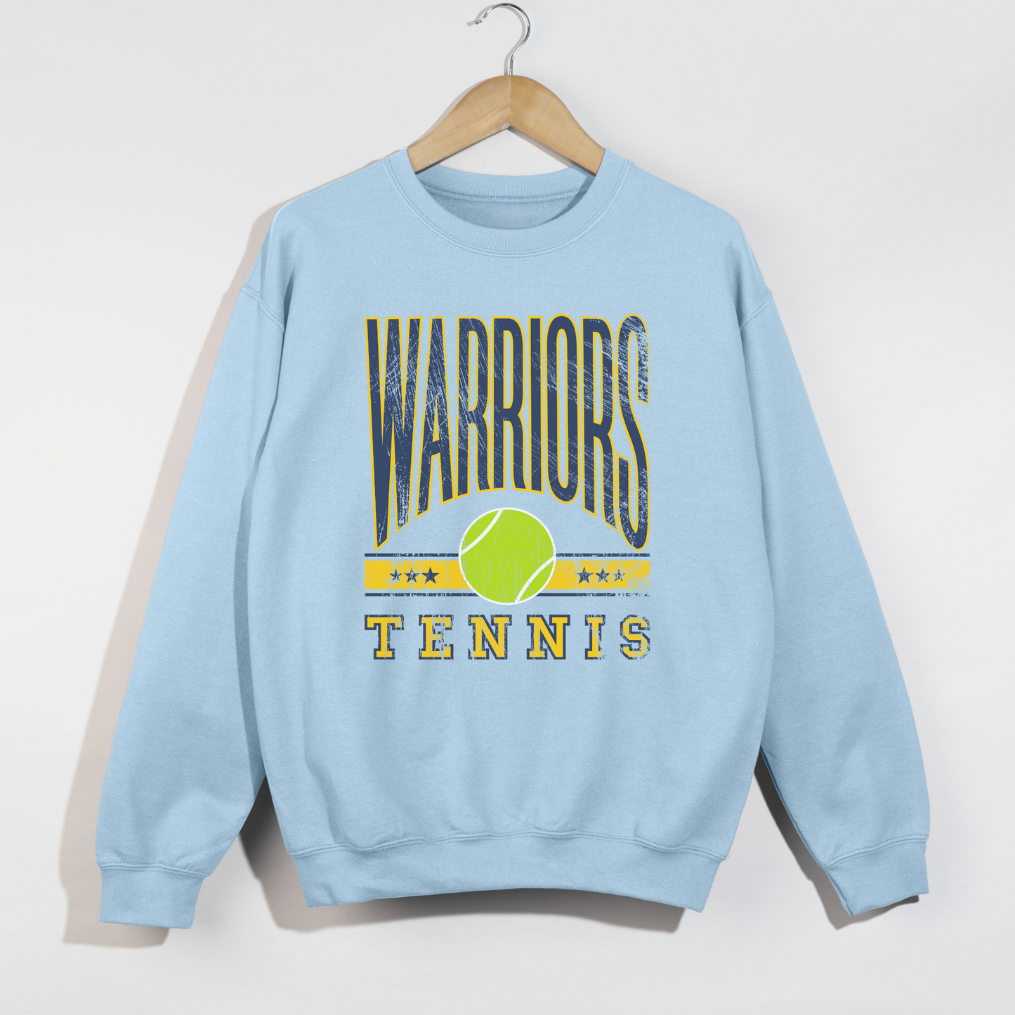 Light blue Warriors Tennis crewneck sweatshirt with retro athletic graphic and bold school spirit design