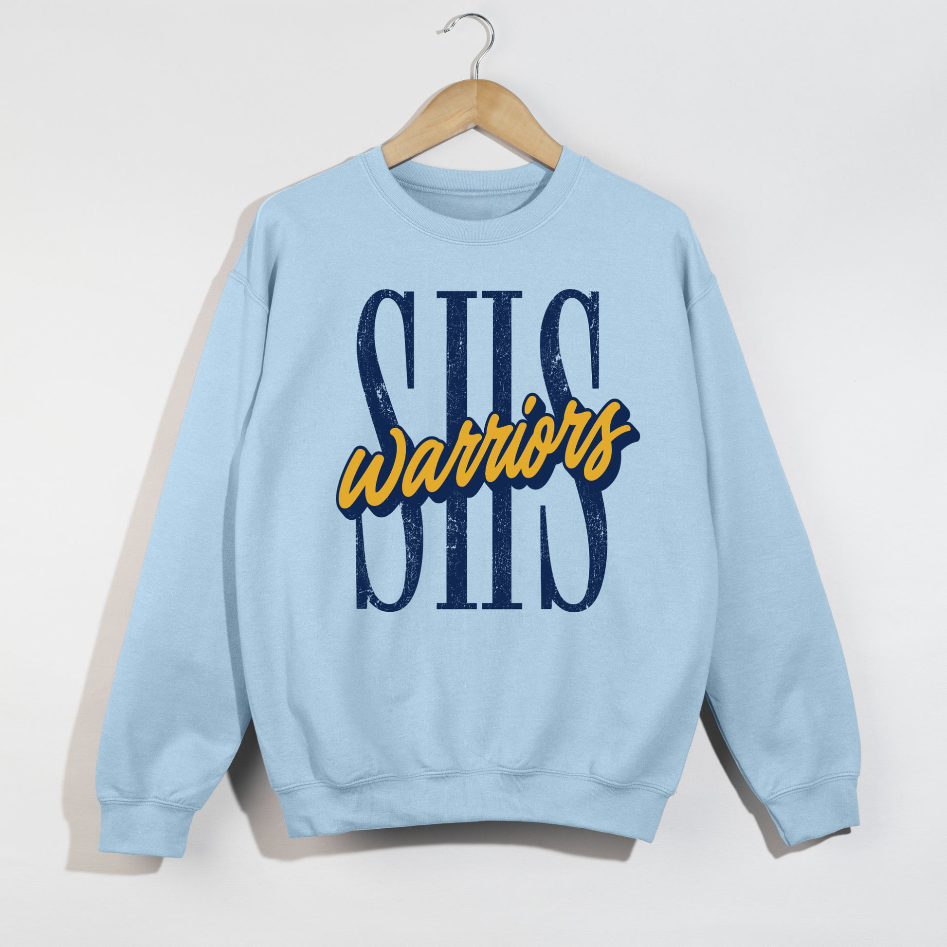 Light blue Sterling Warriors SHS crewneck sweatshirt with distressed navy SHS design and gold Warriors lettering.