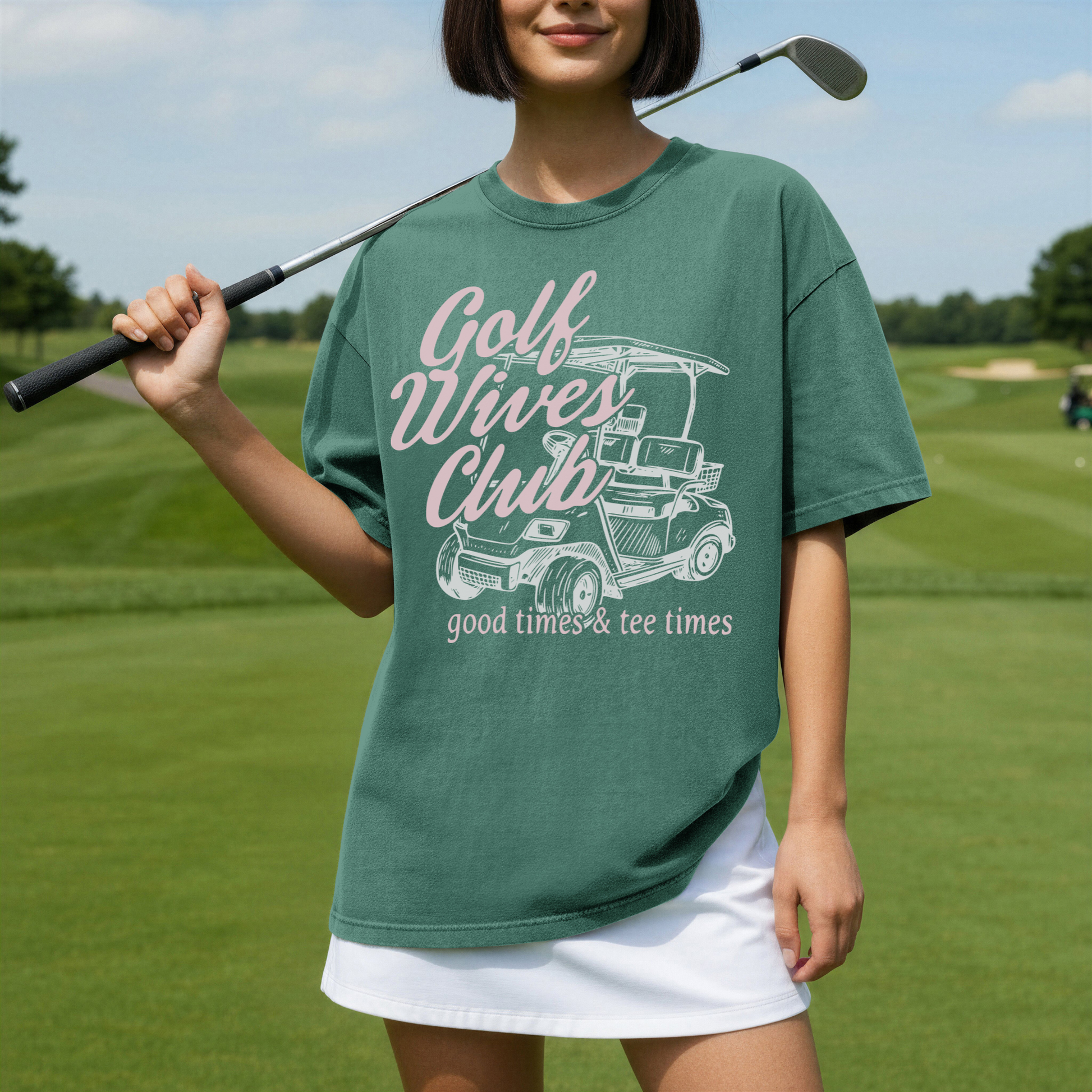Green Golf Wives Club graphic tee with golf cart design cute golf outfit women