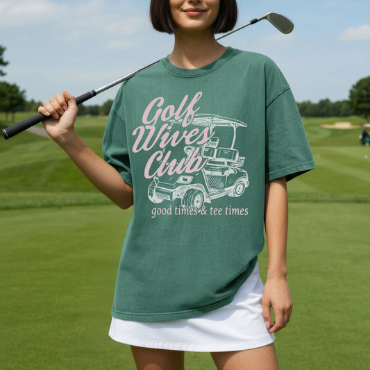 Green Golf Wives Club graphic tee with golf cart design cute golf outfit women