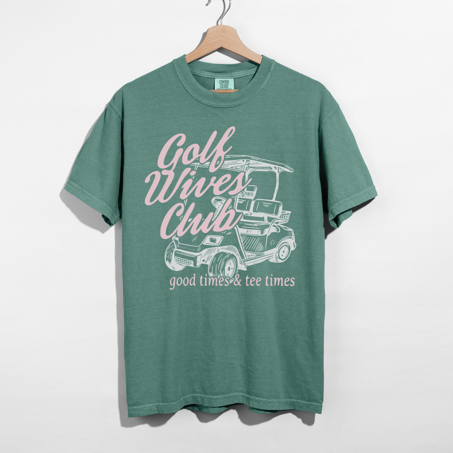 Green Golf Wives Club tee with vintage style golf cart graphic