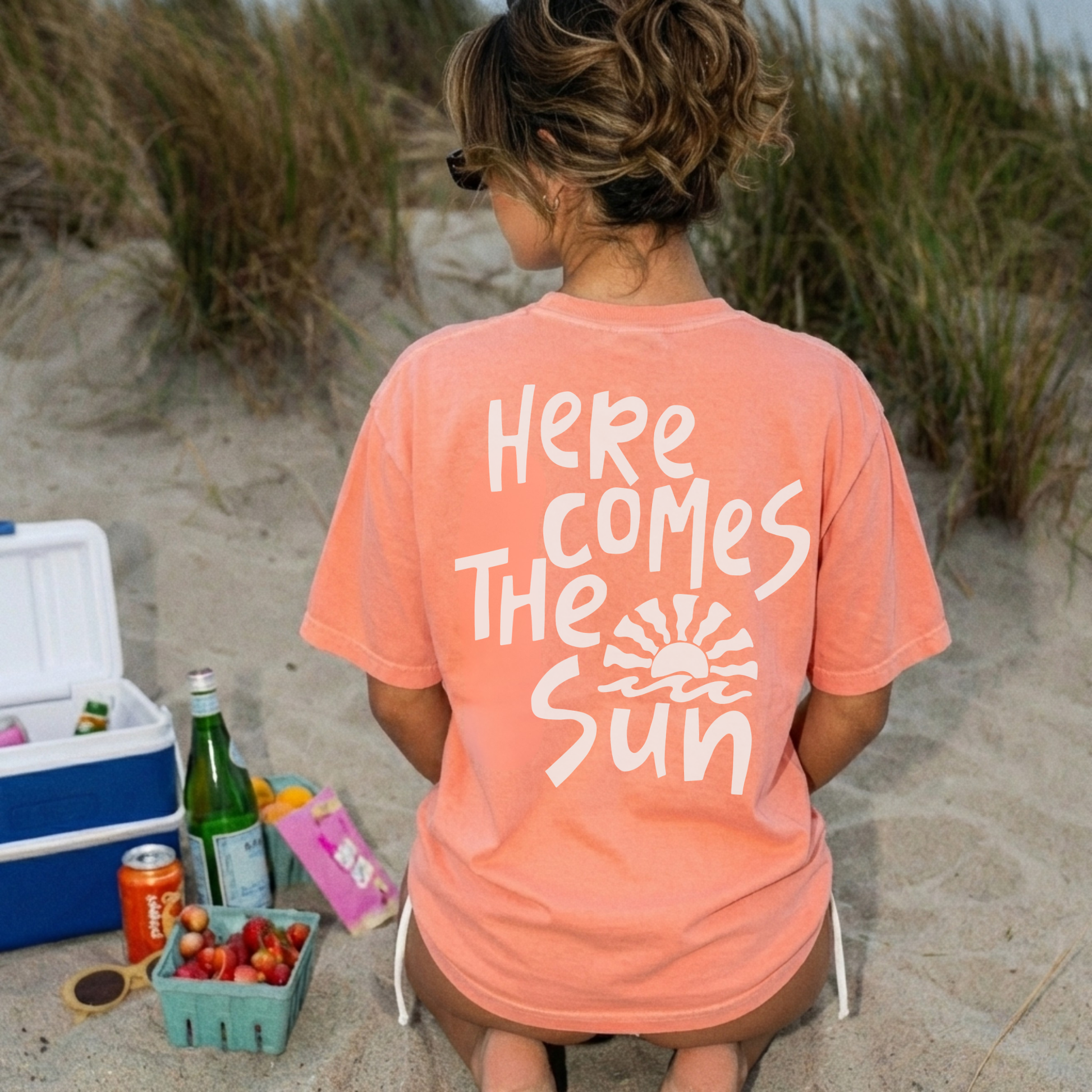Back of melon Here Comes The Sun oversized summer graphic t-shirt with retro sun design