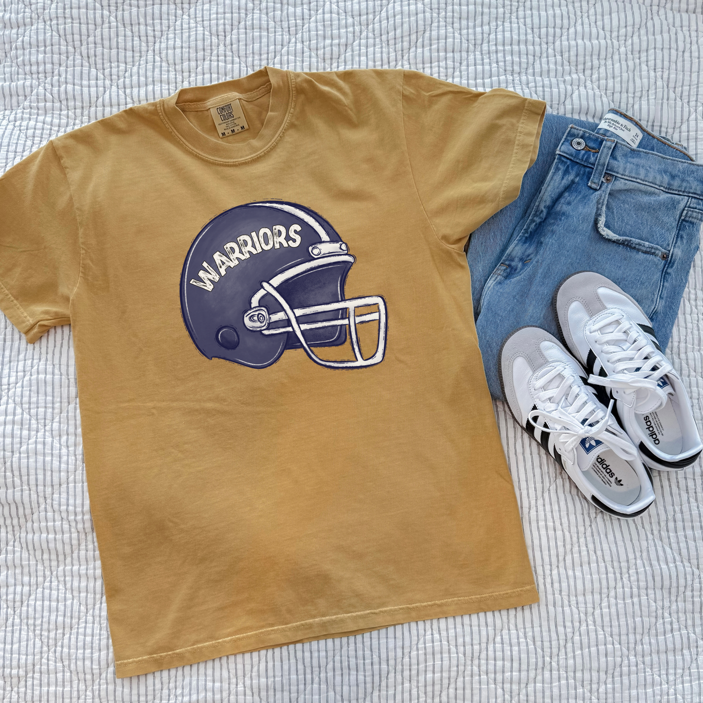 Warriors Football Helmet Graphic Tee – Vintage Game Day Shirt