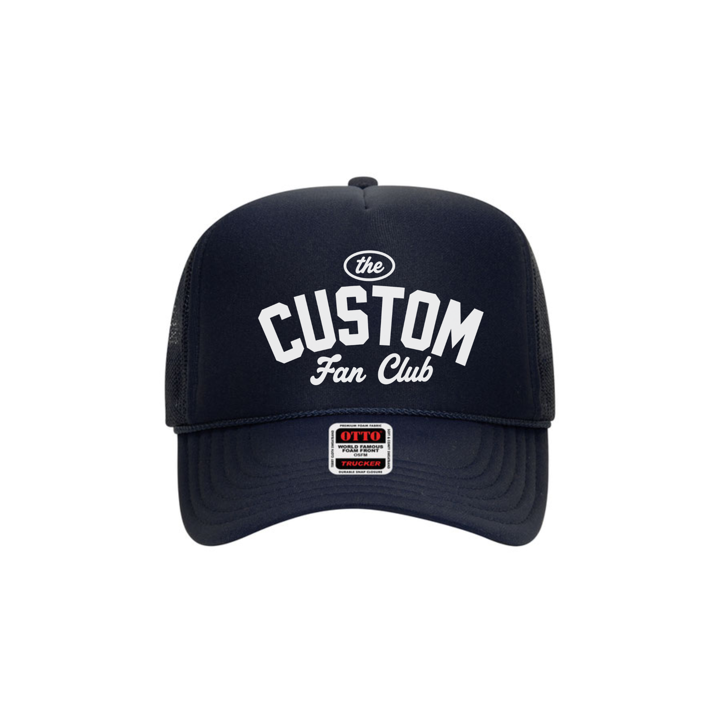 Navy custom fan club personalized school spirit trucker hat.