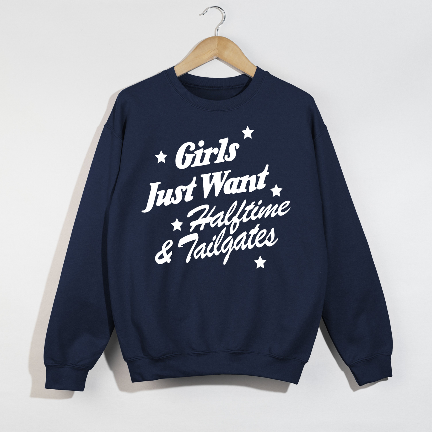 Navy blue football season crewneck sweatshirt featuring the bold white "Girls Just Want Halftime & Tailgates" graphic in a vintage-inspired design, perfect for game day, tailgates, college football, and NFL Sundays.