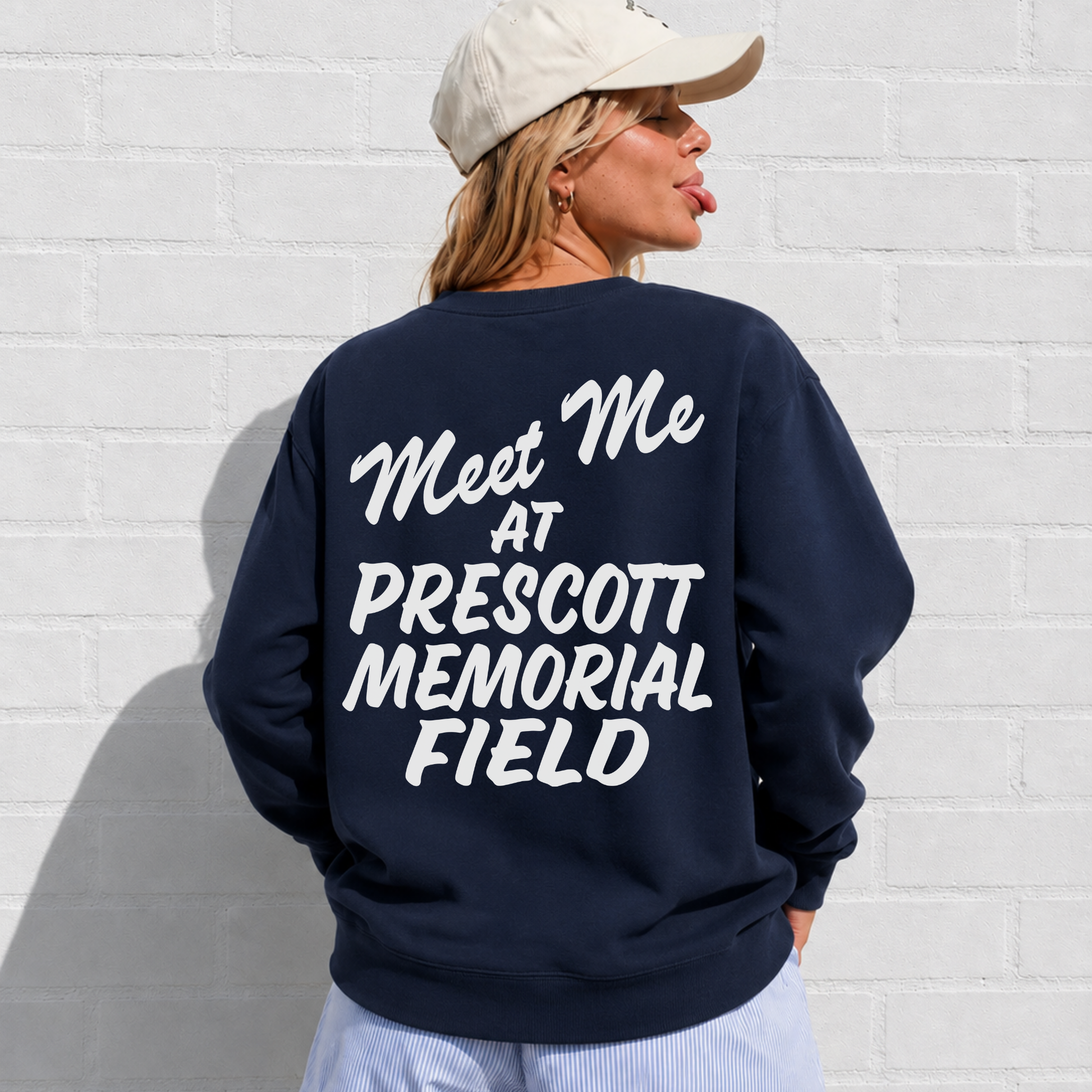 Meet Me at Prescott Memorial Field Sterling Warriors navy crewneck sweatshirt back graphic football game day apparel.