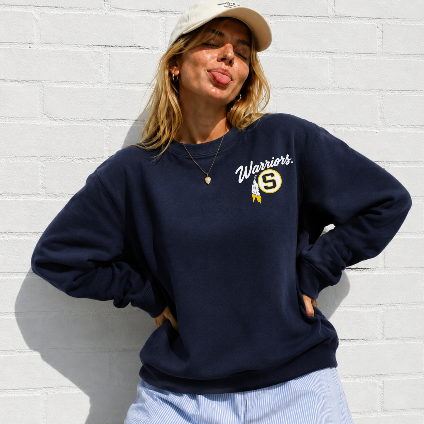 Sterling Warriors navy crewneck sweatshirt front left chest logo with premium heavyweight fleece.