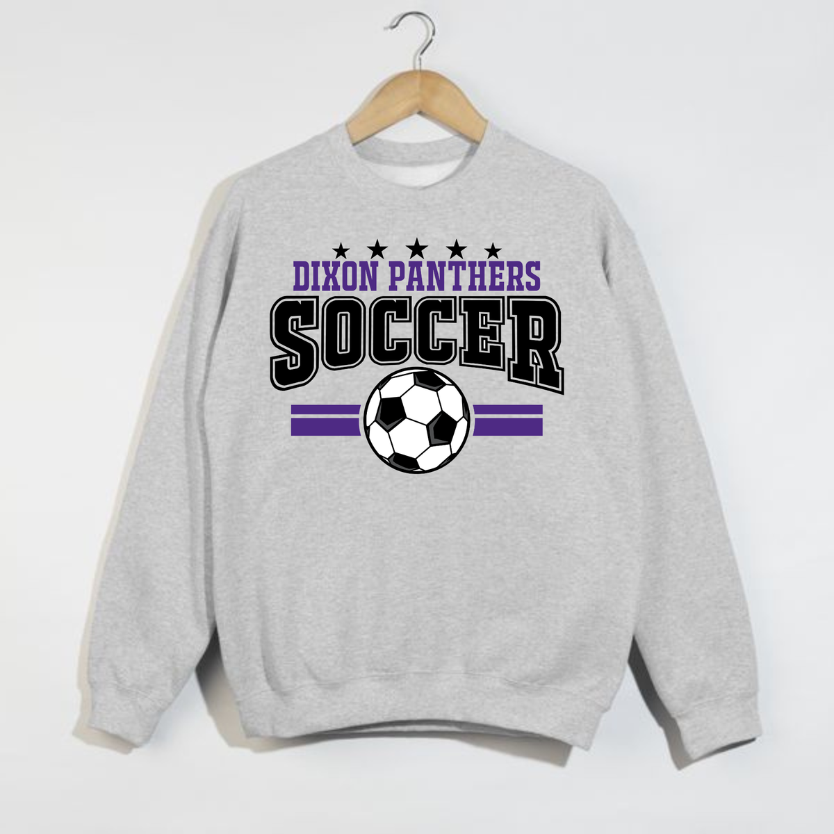 Dixon Panthers varsity soccer sweatshirt in heather grey with purple black and white soccer graphic