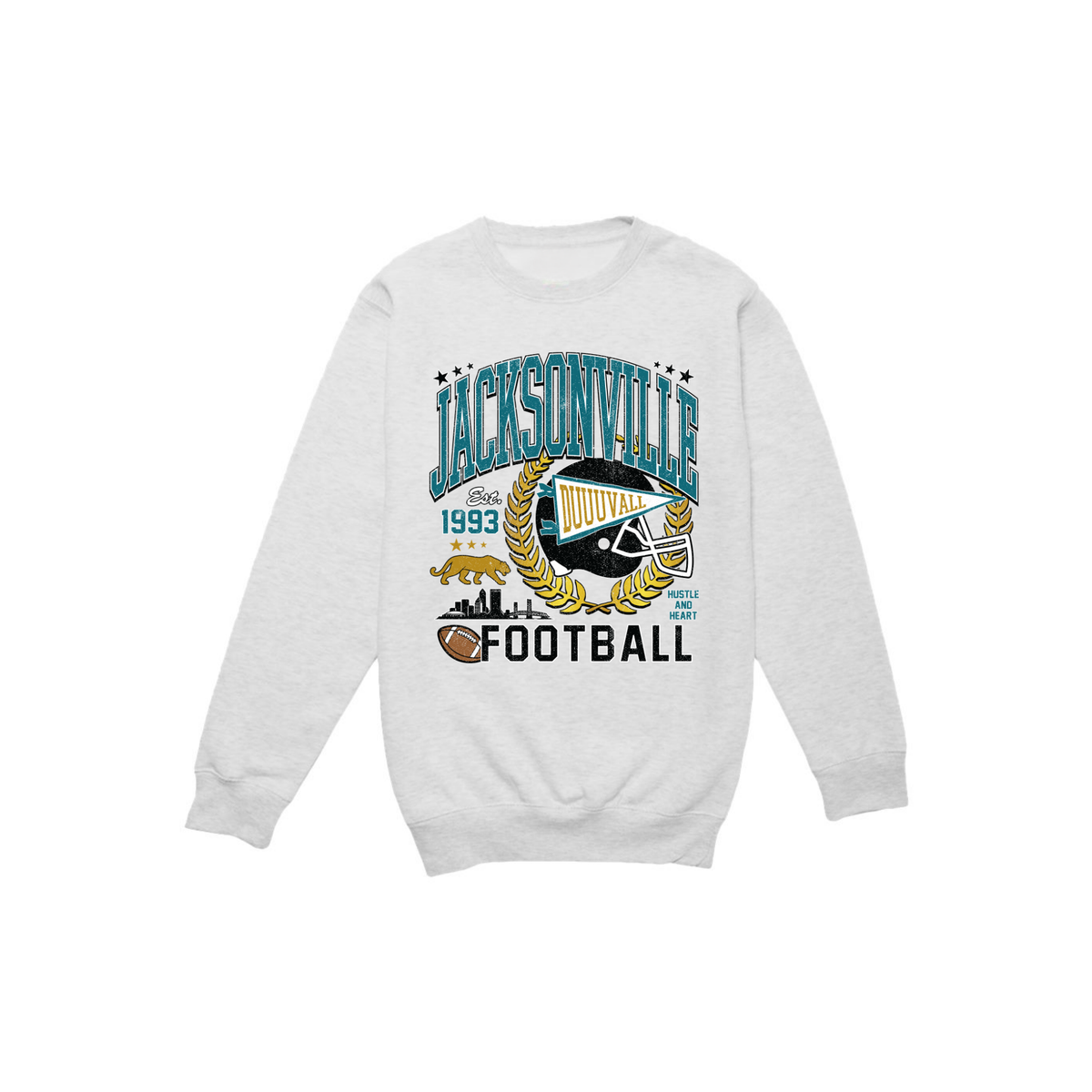 Jacksonville football sweatshirt with vintage teal gold Duval helmet and football graphic