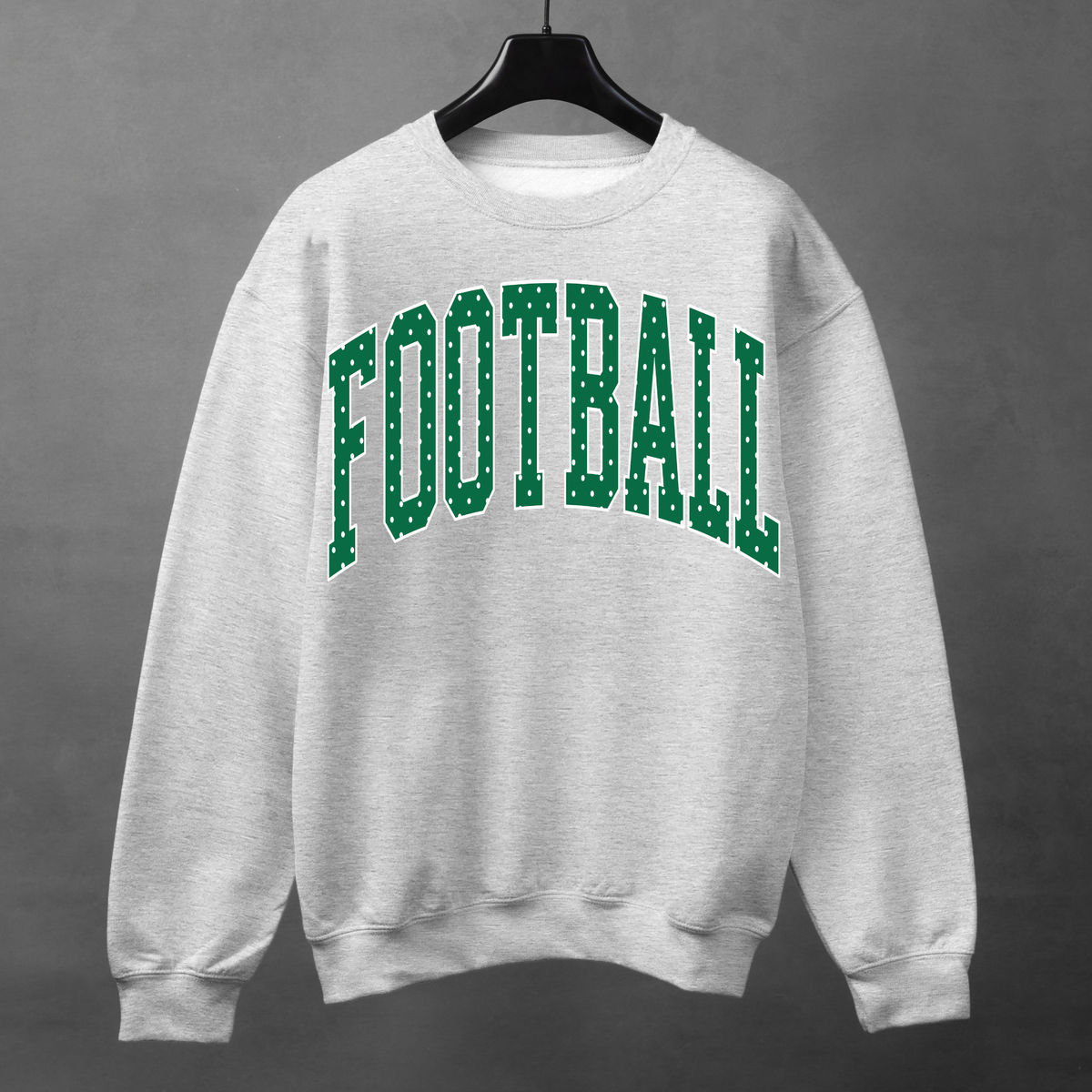 Heather grey football crewneck sweatshirt with Kelly green polka dot FOOTBALL lettering