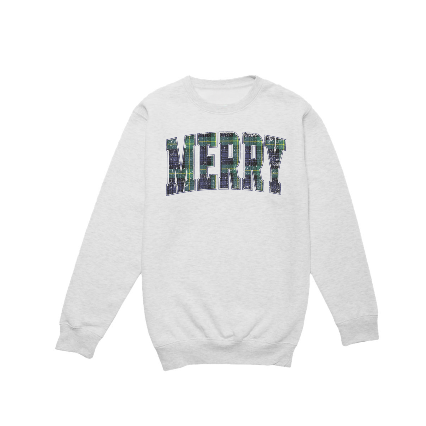 Oatmeal heather Lane Seven crewneck sweatshirt featuring distressed navy and green plaid Merry graphic on a clean white background.