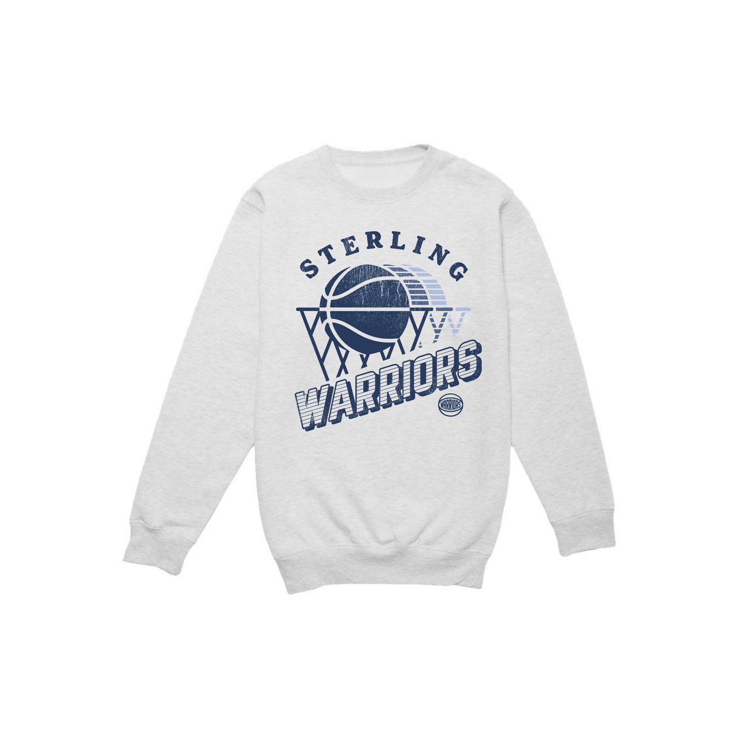 Flat lay oatmeal heather Sterling Warriors basketball crewneck sweatshirt with vintage distressed navy basketball design.