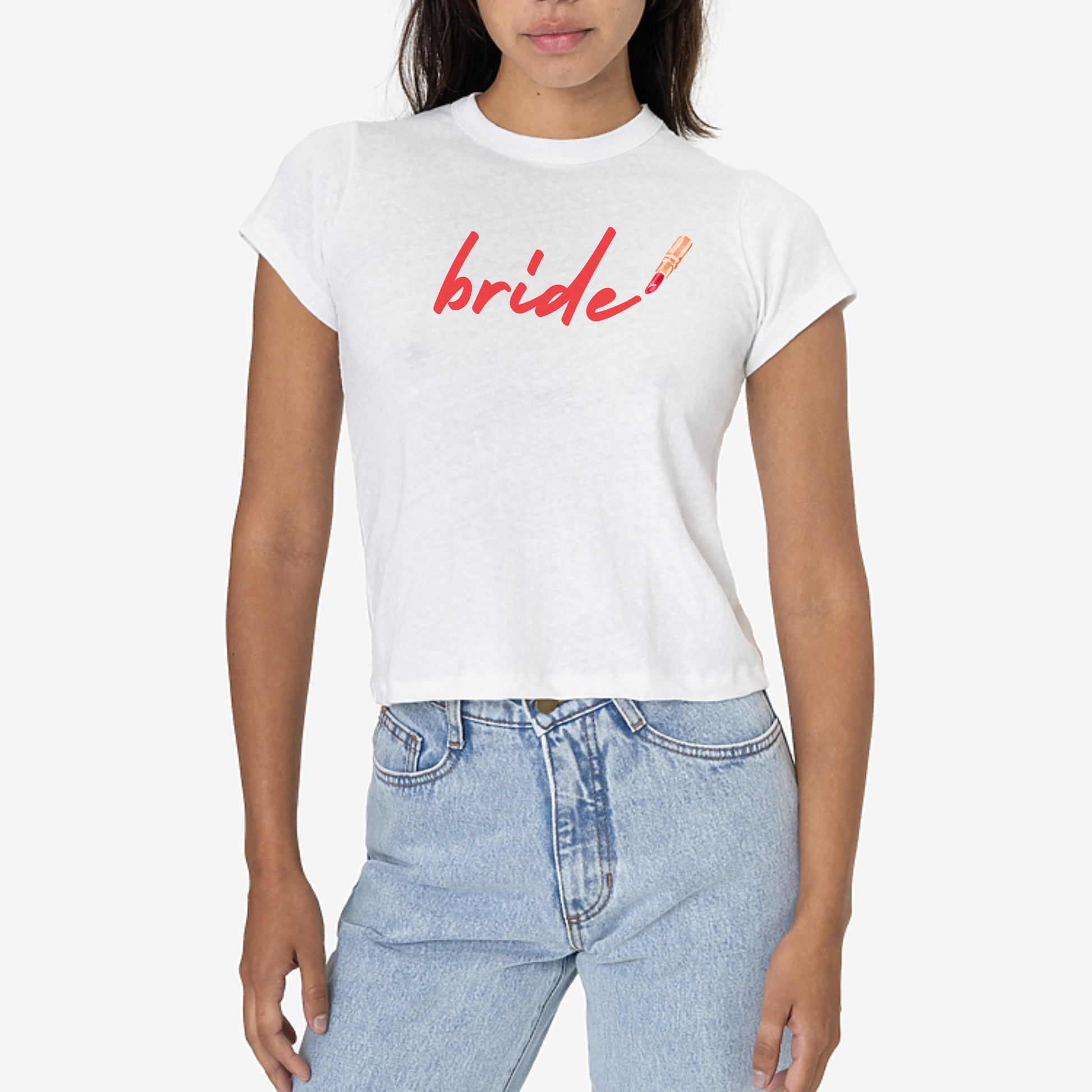 White fitted baby tee with bride graphic and lipstick detail