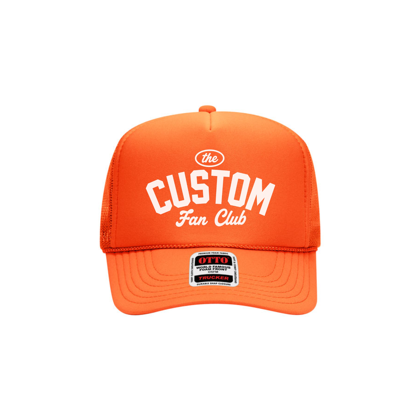Neon orange personalized Custom Fan Club trucker hat front view.