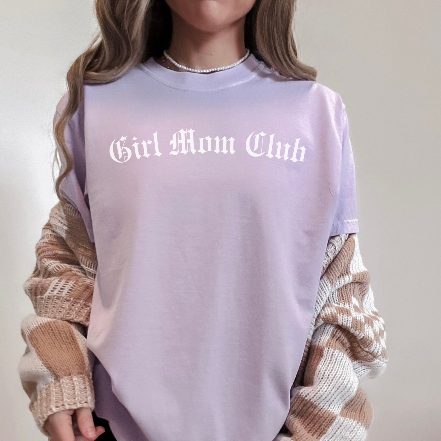 Girl Mom Club graphic tee in soft orchid purple, relaxed fit women’s t-shirt styled with neutral cardigan