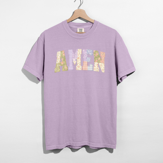Comfort Colors t-shirt featuring printed AMEN faux patchwork letter graphic on hanger