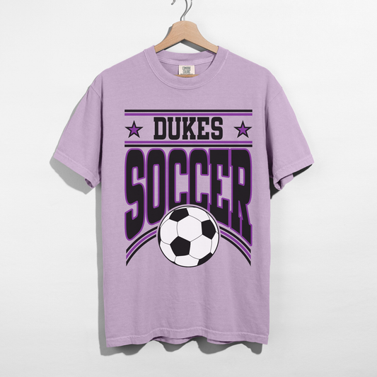 dukes soccer purple shirt front view athletic graphic tee