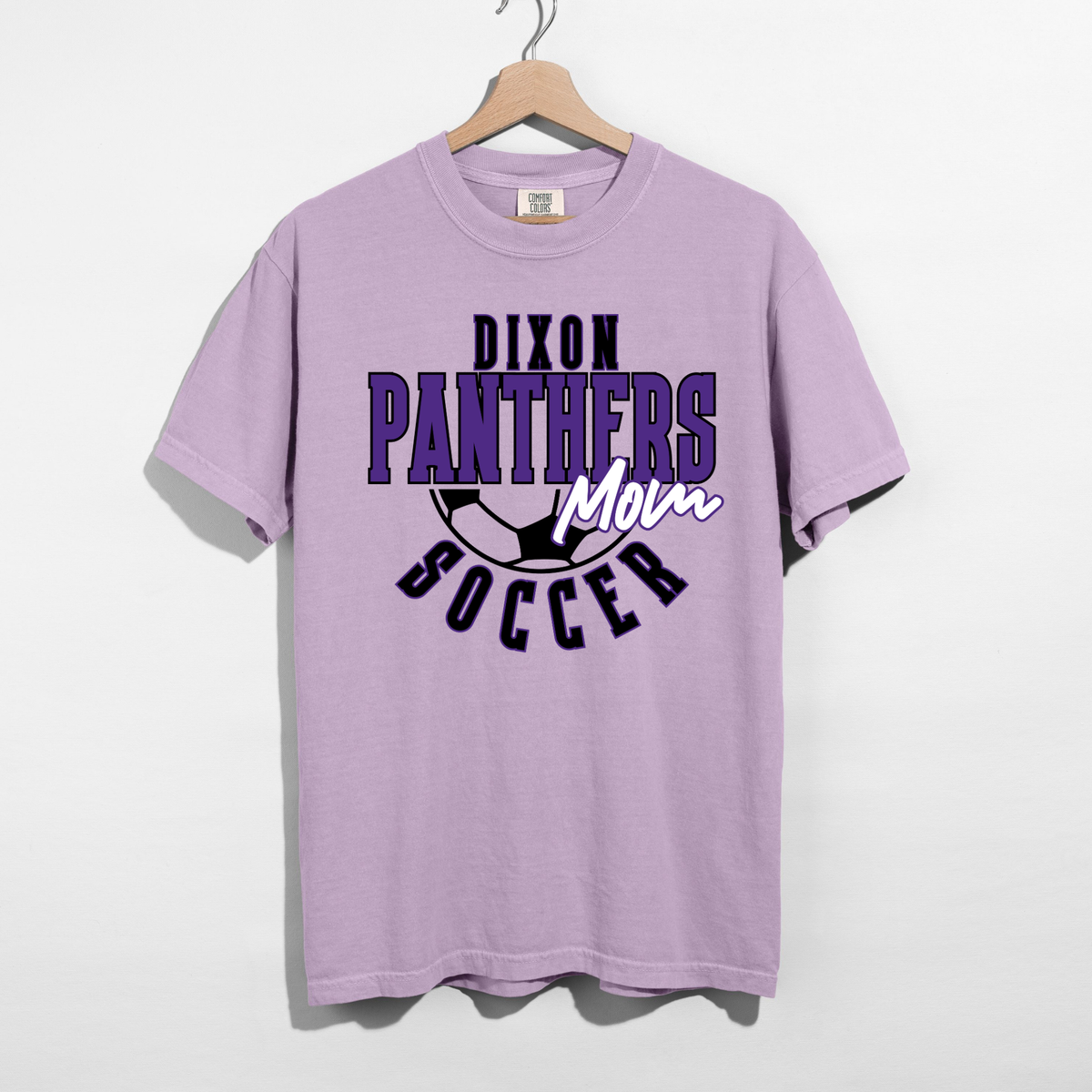 Dixon Panthers Soccer Mom white graphic tee with purple and black varsity soccer design
