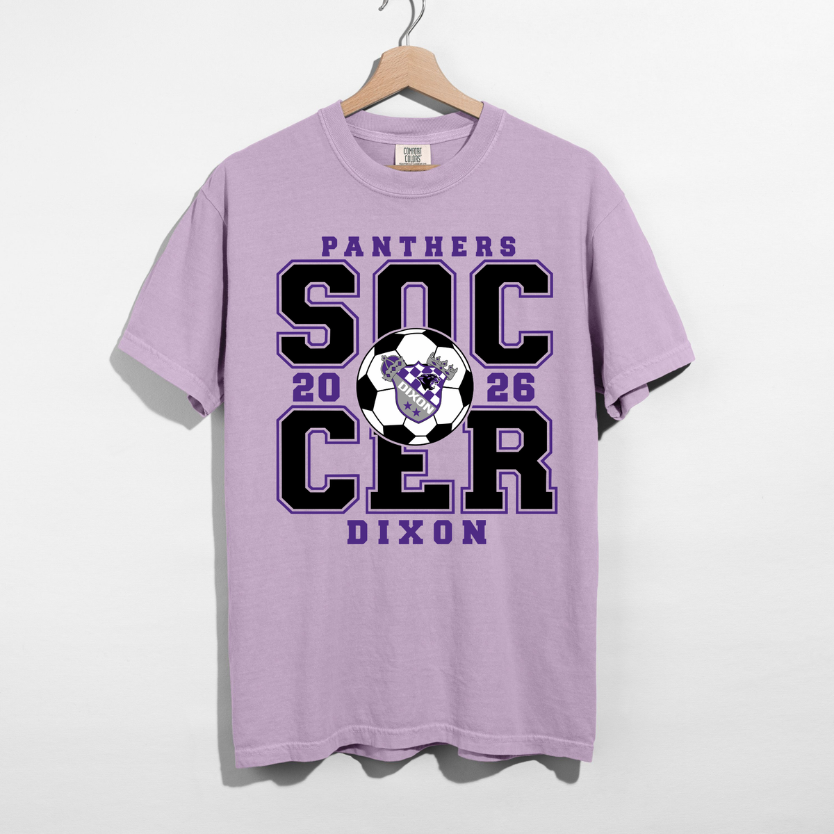 Dixon Panthers Soccer 2026 purple black and white graphic tee on orchid Comfort Colors shirt
