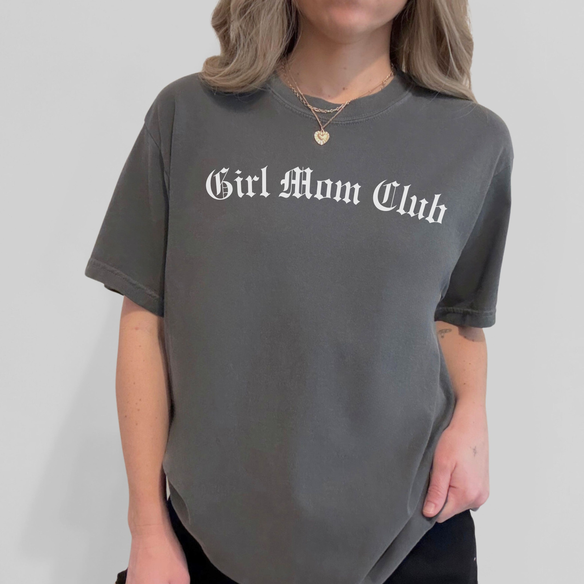 Girl Mom Club graphic t-shirt in washed charcoal gray with relaxed unisex fit