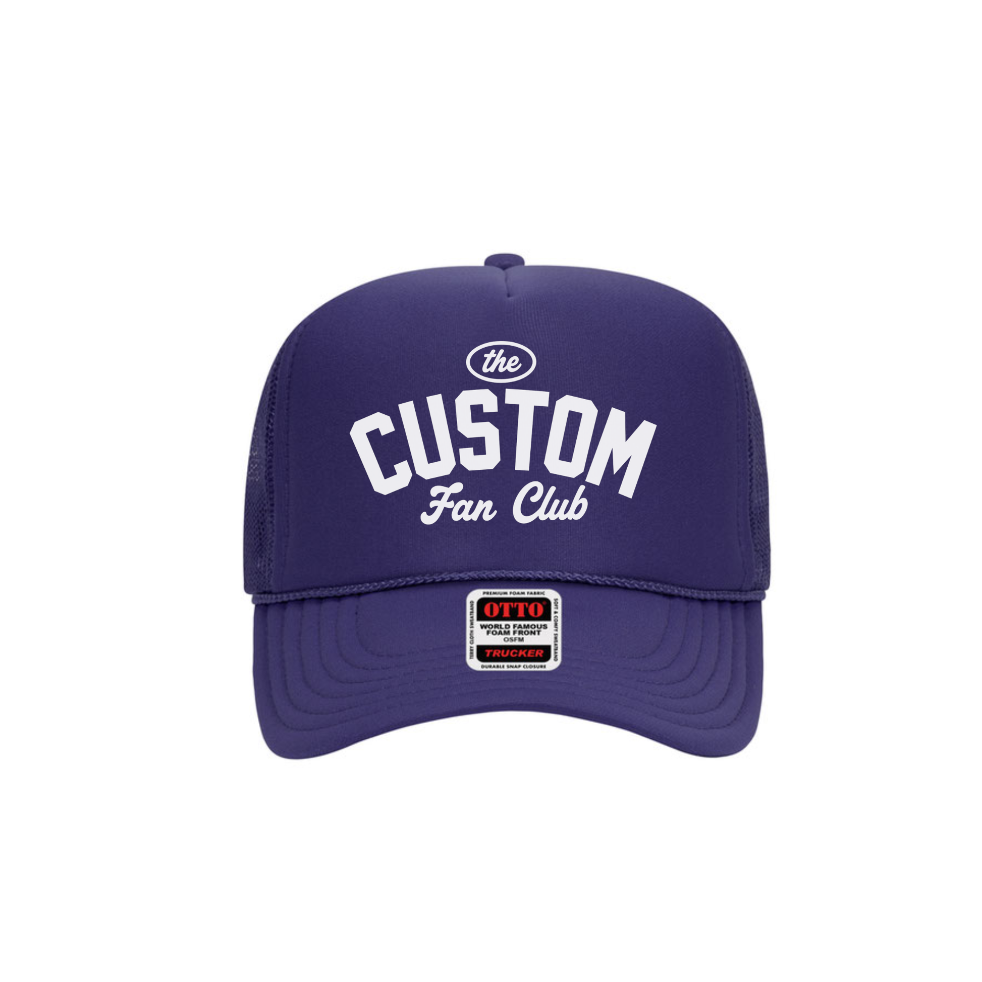 Purple personalized Custom Fan Club foam front mesh trucker hat with customizable team name.