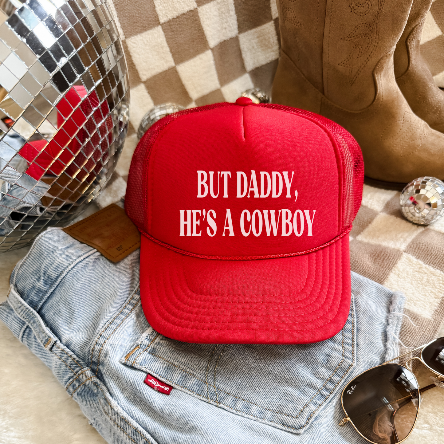 all red western trucker hat but daddy he’s a cowboy foam front
