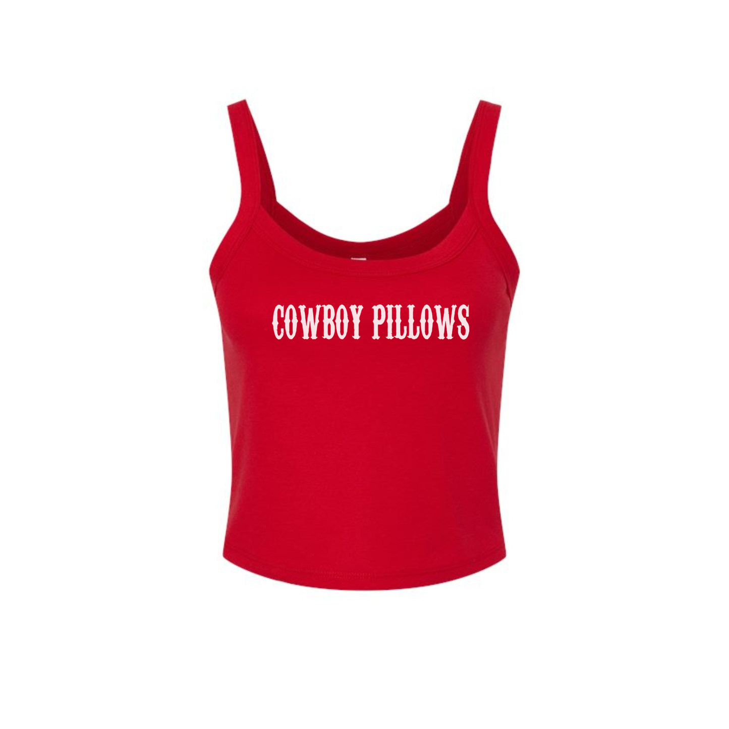 Red tank top with 'COWBOY PILLOWS' text on a white background