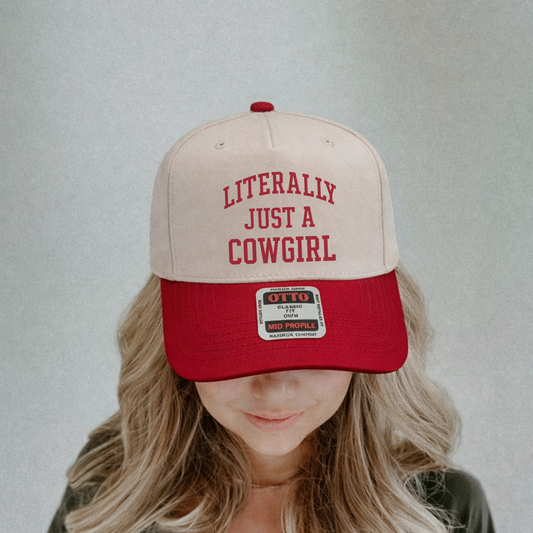 Literally Just a Cowgirl canvas Otto trucker hat tan with red brim front view