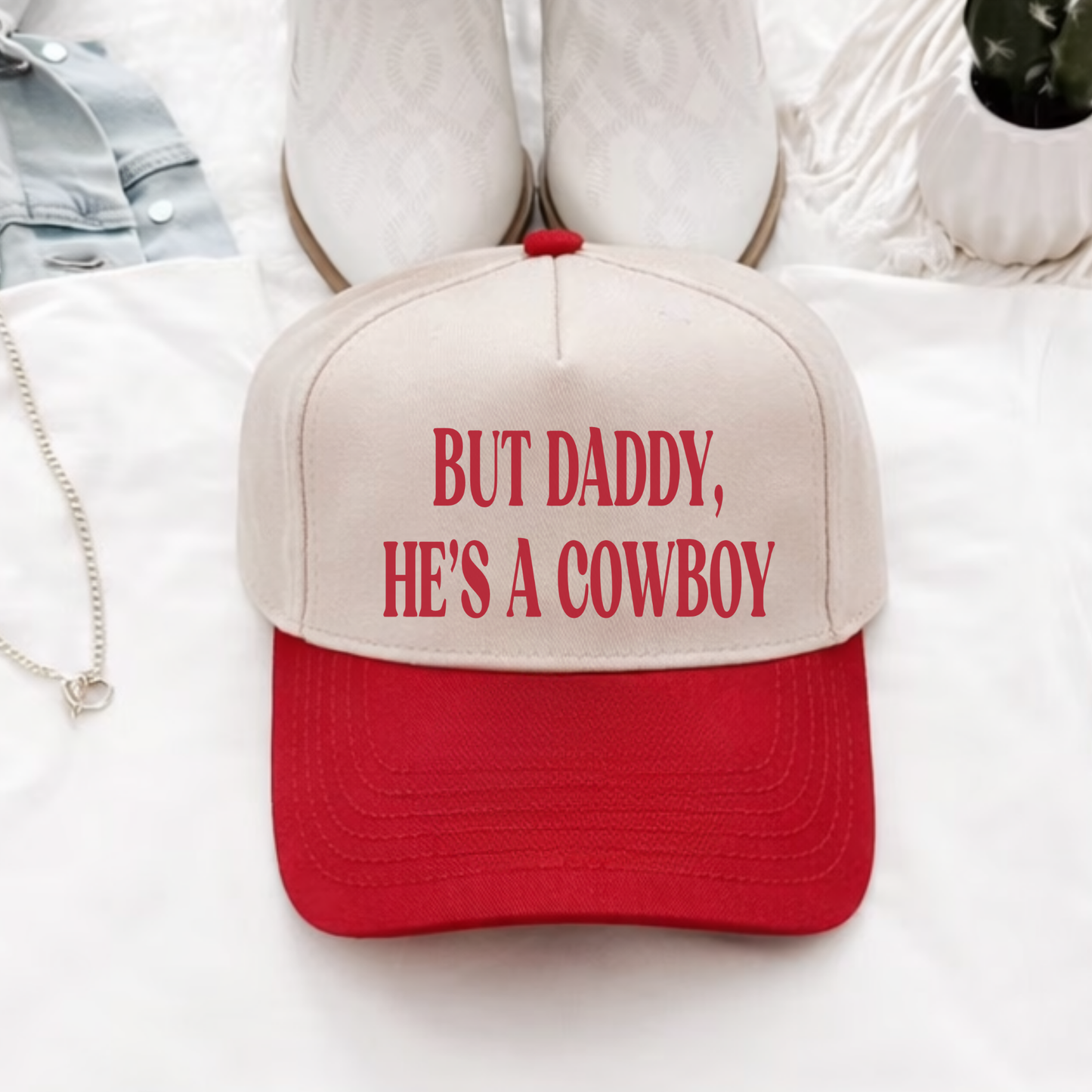 red and canvas otto trucker hat western cowboy saying”
