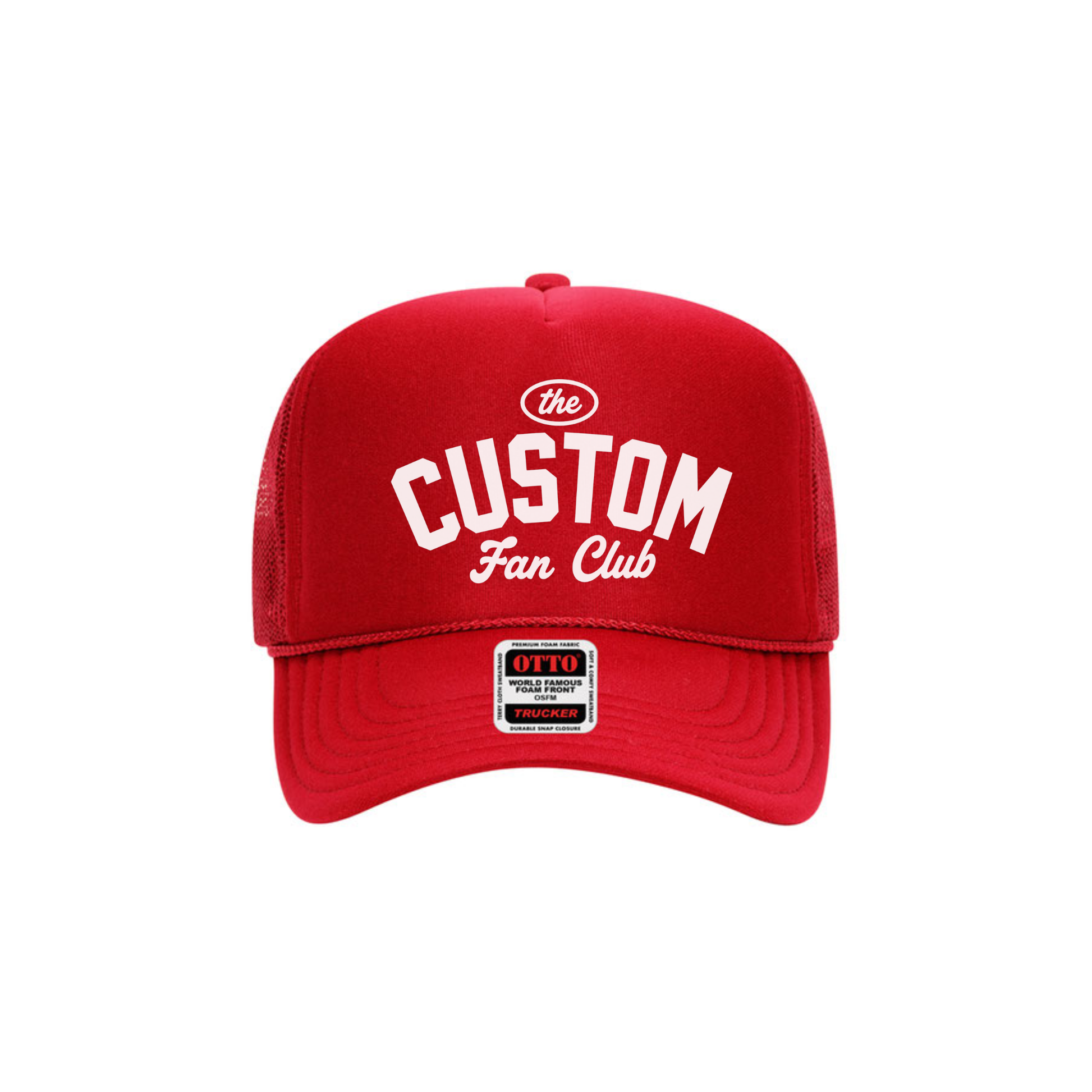 Red custom fan club personalized game day trucker hat.