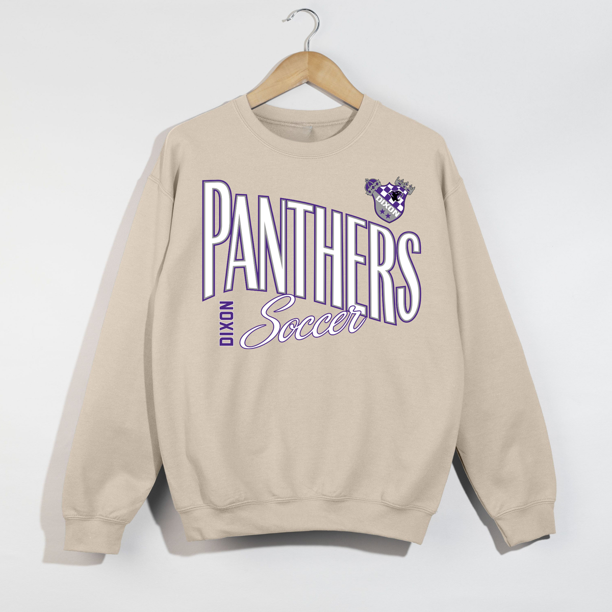 Sand Dixon Panthers Soccer crewneck sweatshirt with oversized purple and white retro Panthers soccer design