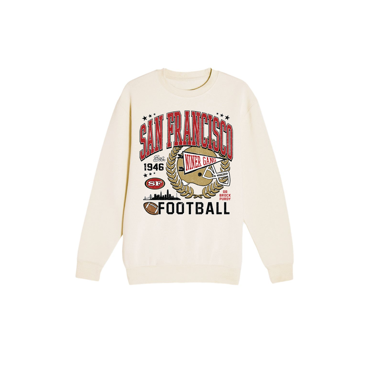 San Francisco football sweatshirt in cream with vintage red and gold football helmet graphic