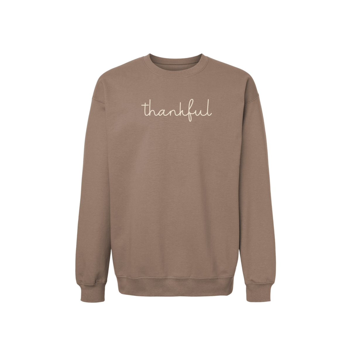 savana brown Thankful script crewneck sweatshirt with minimalist cream handwritten graphic for fall