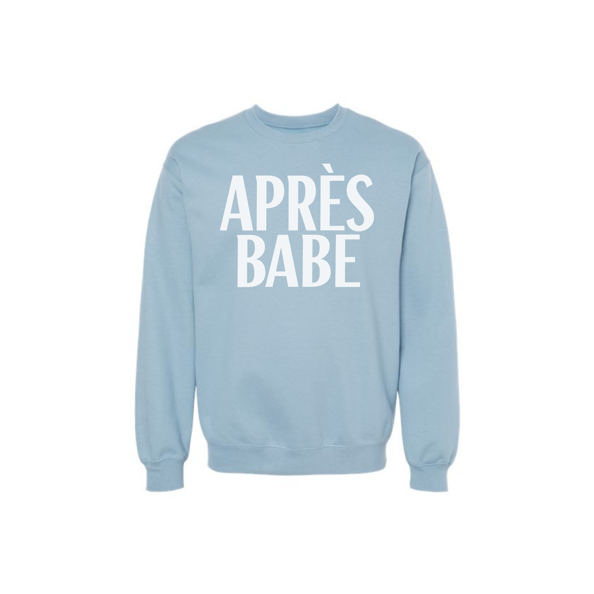 Stone blue Après Babe sweatshirt with white graphic for ski bachelorette party