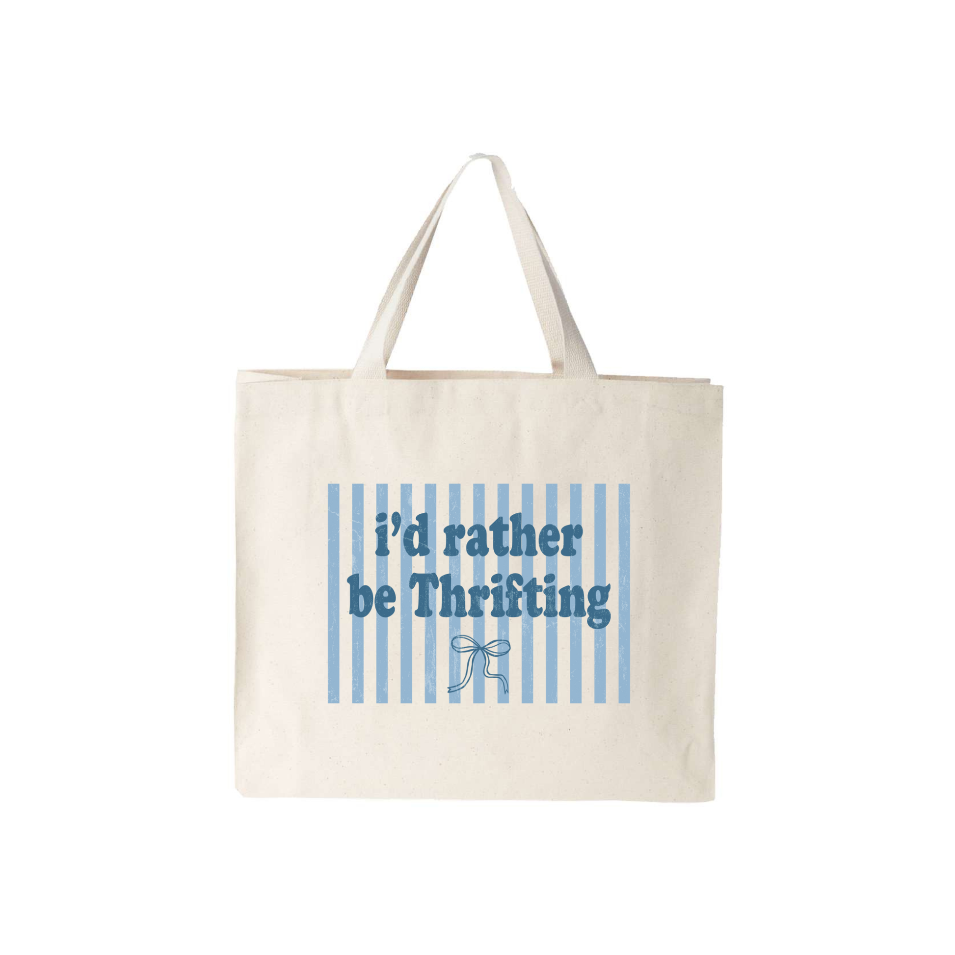 Natural canvas tote bag with blue striped “I’d Rather Be Thrifting” graphic text