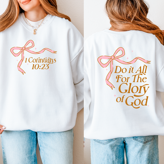Bible verse sweatshirt in white with bow graphic and scripture quote — 1 Corinthians 10:23 apparel