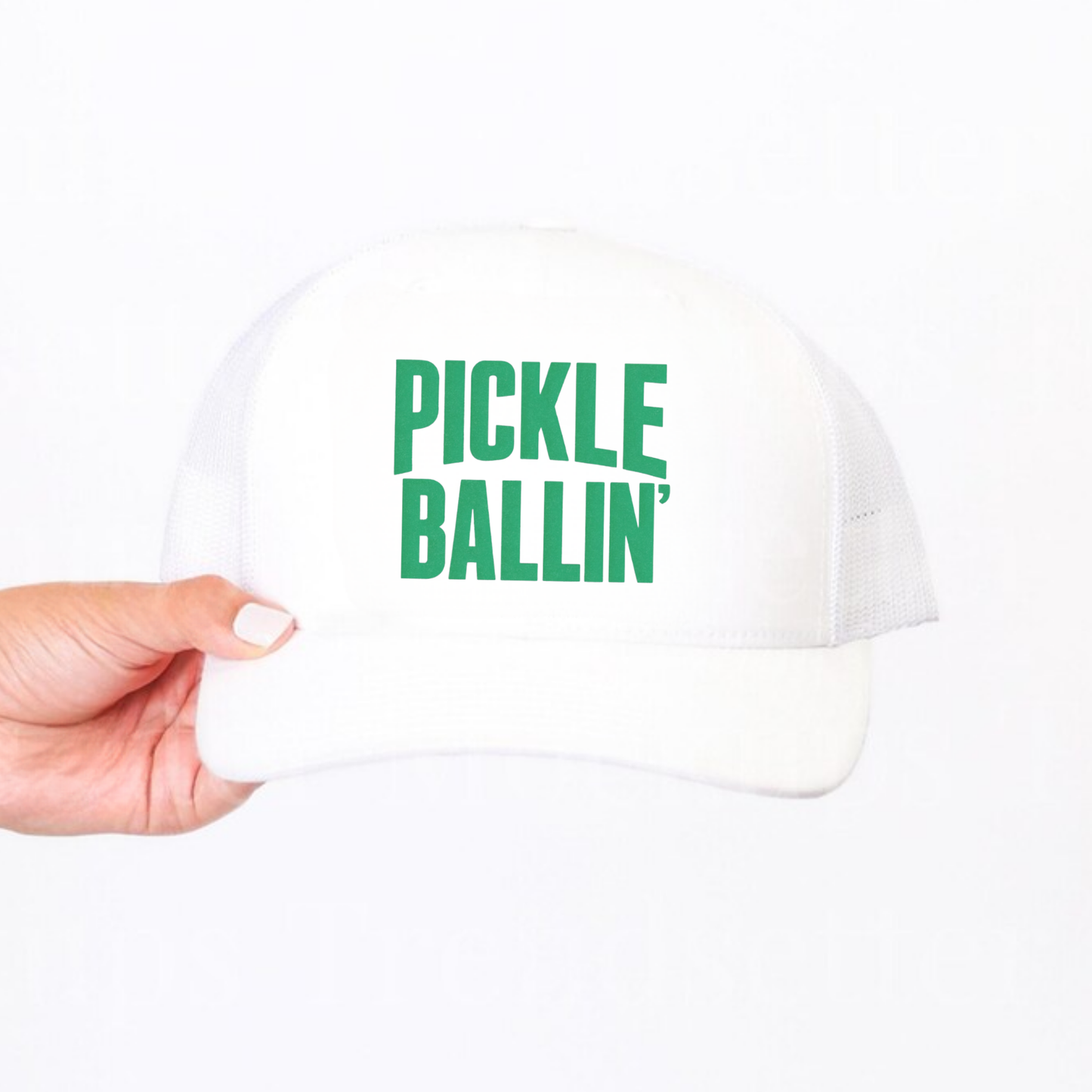 Pickle Ballin’ pickleball trucker hat front view on white background