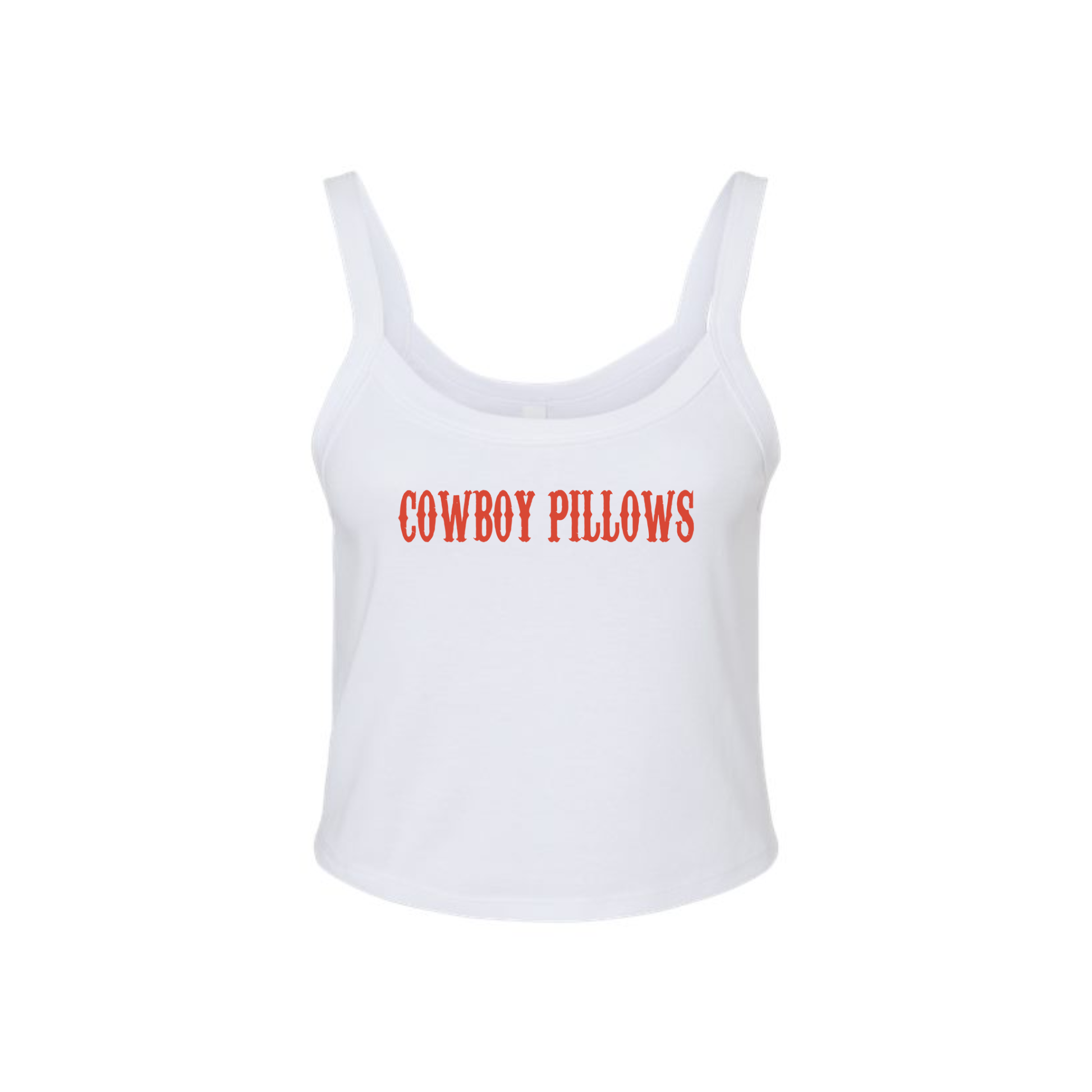 White tank top with red text 'COWBOY PILLOWS' on a white background