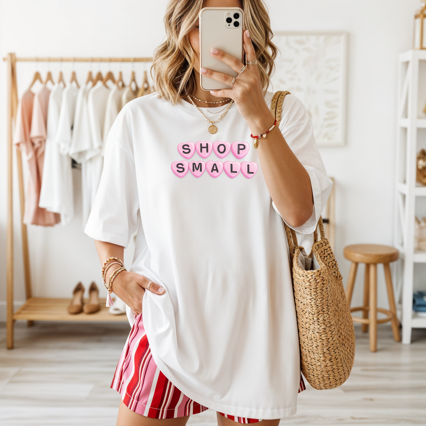 White Shop Small t-shirt with pink heart graphic styled with casual lounge shorts