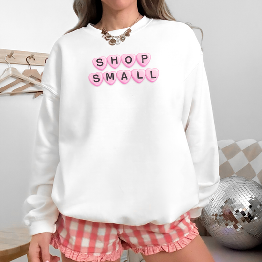 White Shop Small sweatshirt with pink heart graphic styled with lounge shorts