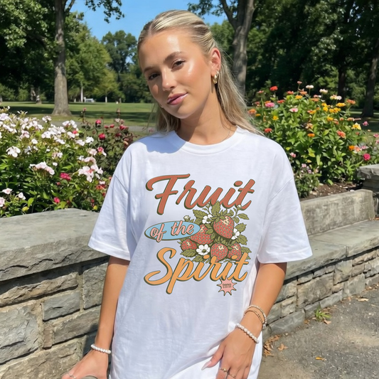 woman wearing fruit of the spirit christian strawberry graphic tee faith based bible verse shirt galatians scripture shirt