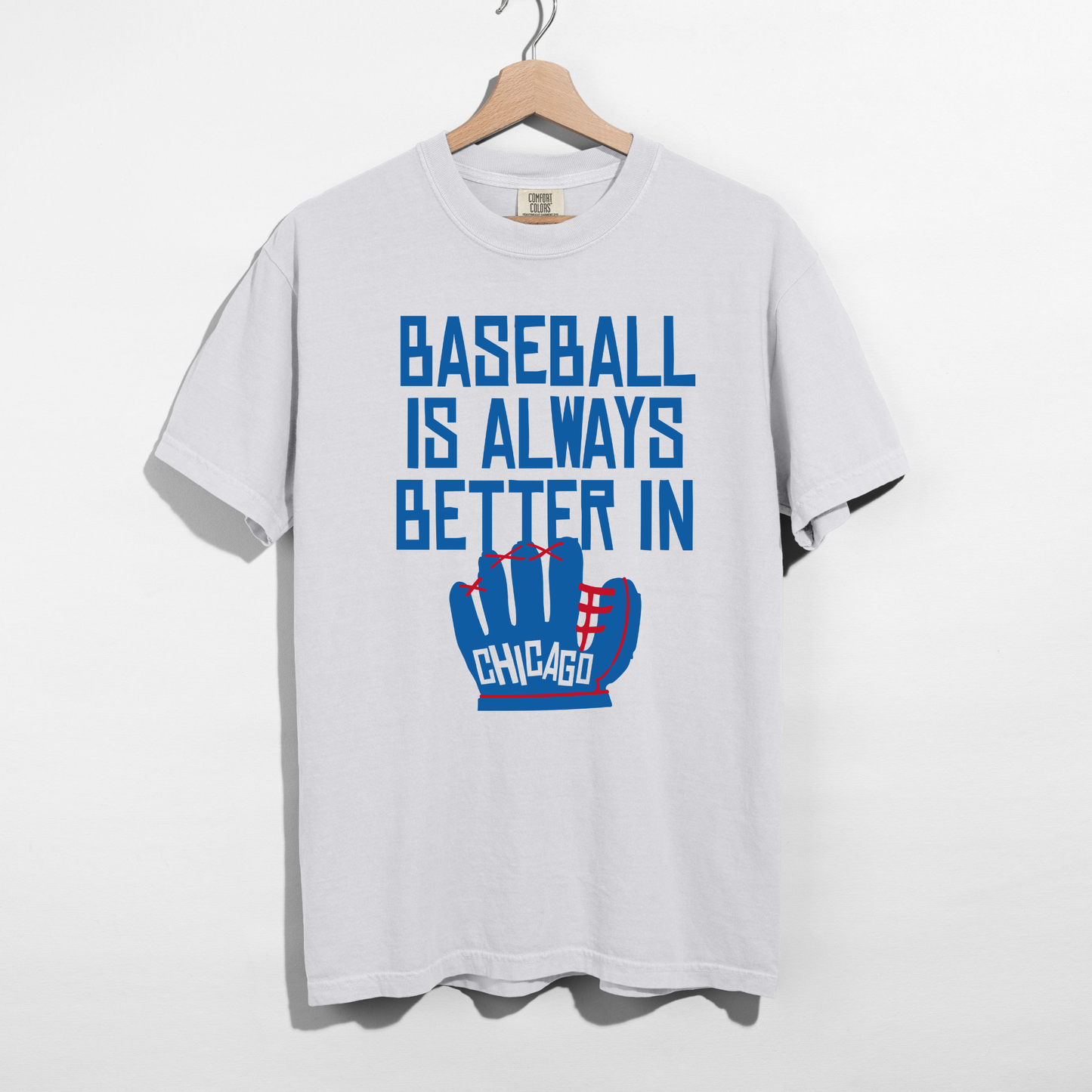 White Comfort Colors Chicago baseball graphic t-shirt with sporty athletic typography and baseball glove design