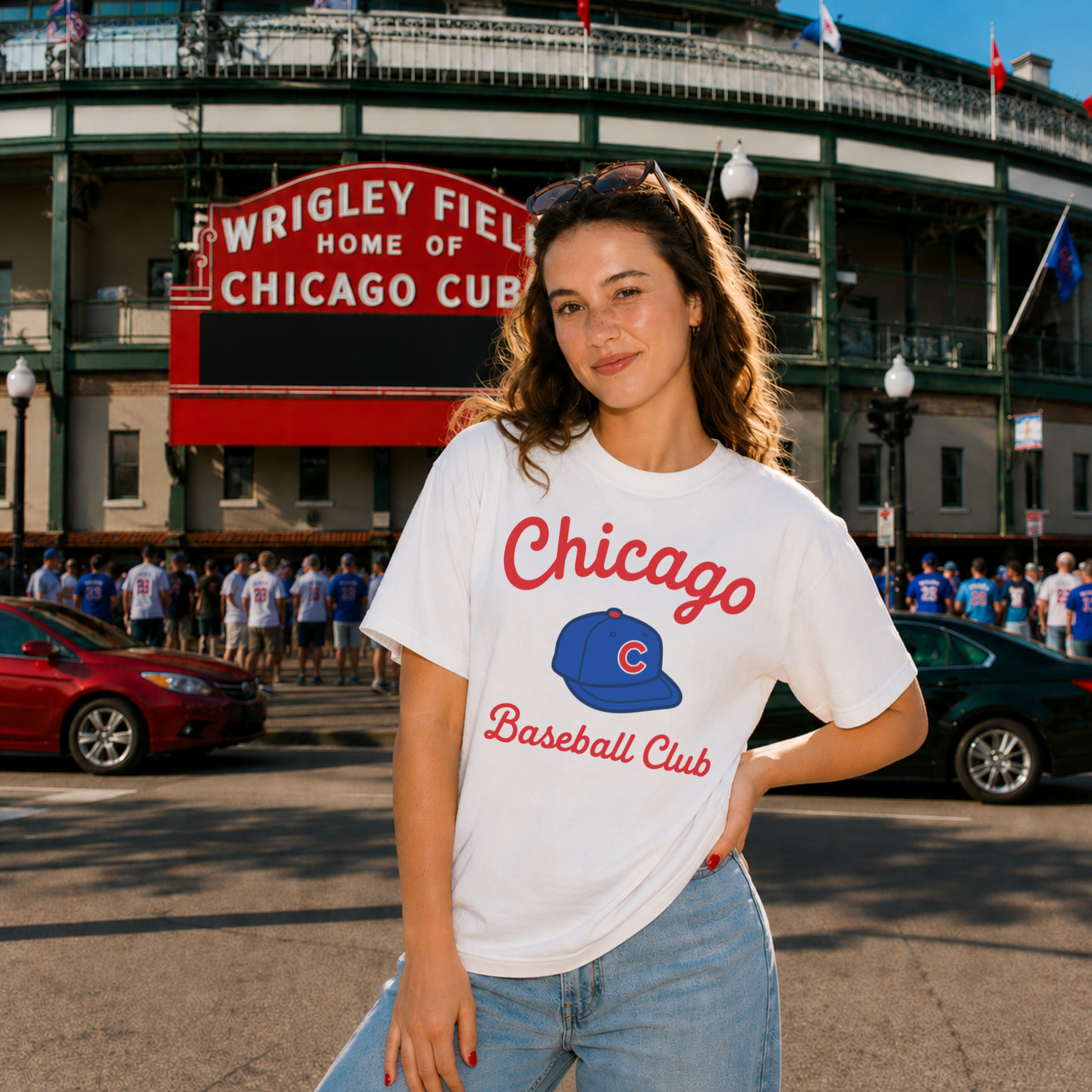 Woman wearing white Chicago Baseball Club graphic tee in front of Wrigley Field with vintage baseball cap design