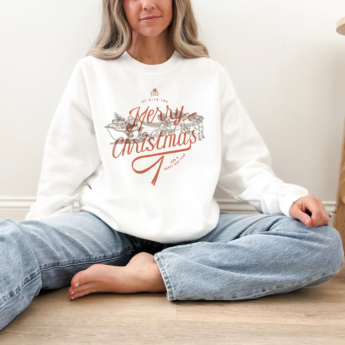 Merry Christmas Reindeer Sleigh Crewneck Sweatshirt