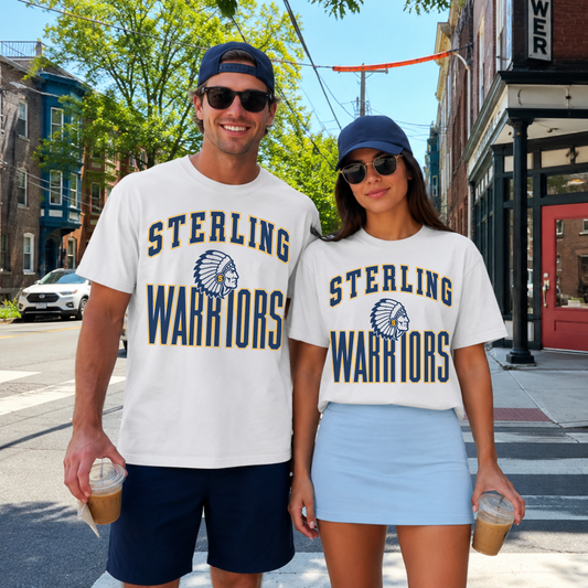 Couple wearing matching Sterling Warriors mascot graphic t-shirts with vintage navy and gold school spirit design while walking downtown.