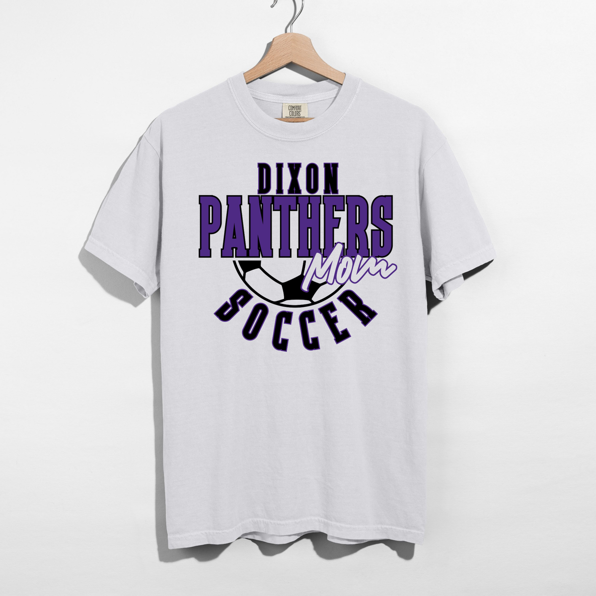 Dixon Panthers Soccer Mom orchid Comfort Colors tee with purple black and white soccer graphic