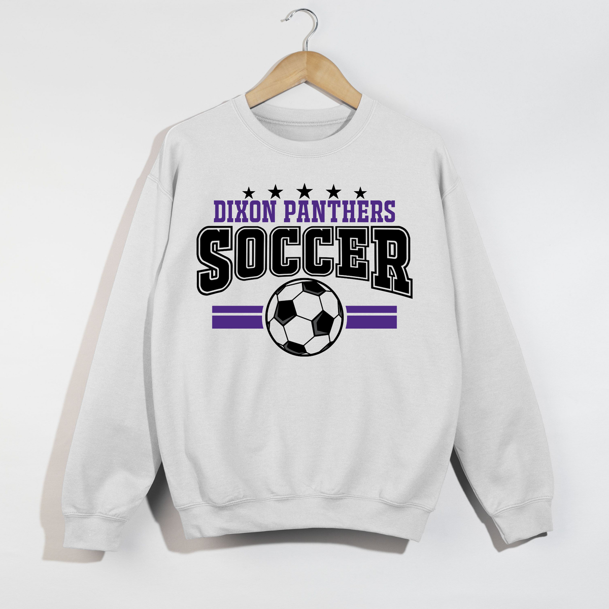 White Dixon Panthers soccer sweatshirt with varsity lettering stars stripes and soccer ball graphic